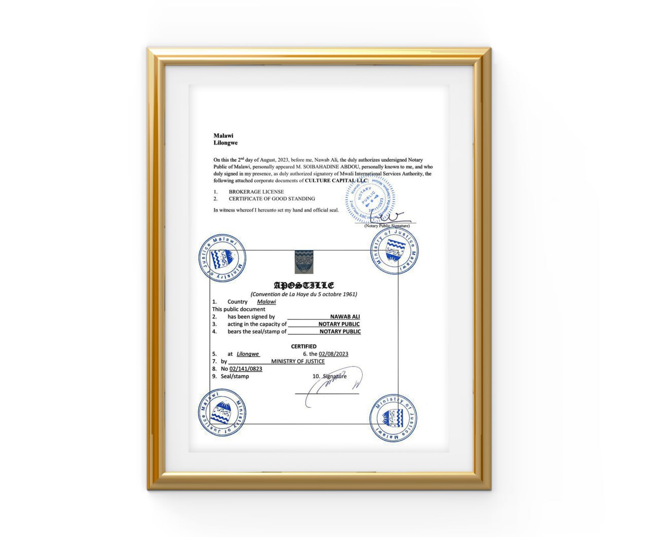 Apostille - Brokerage License